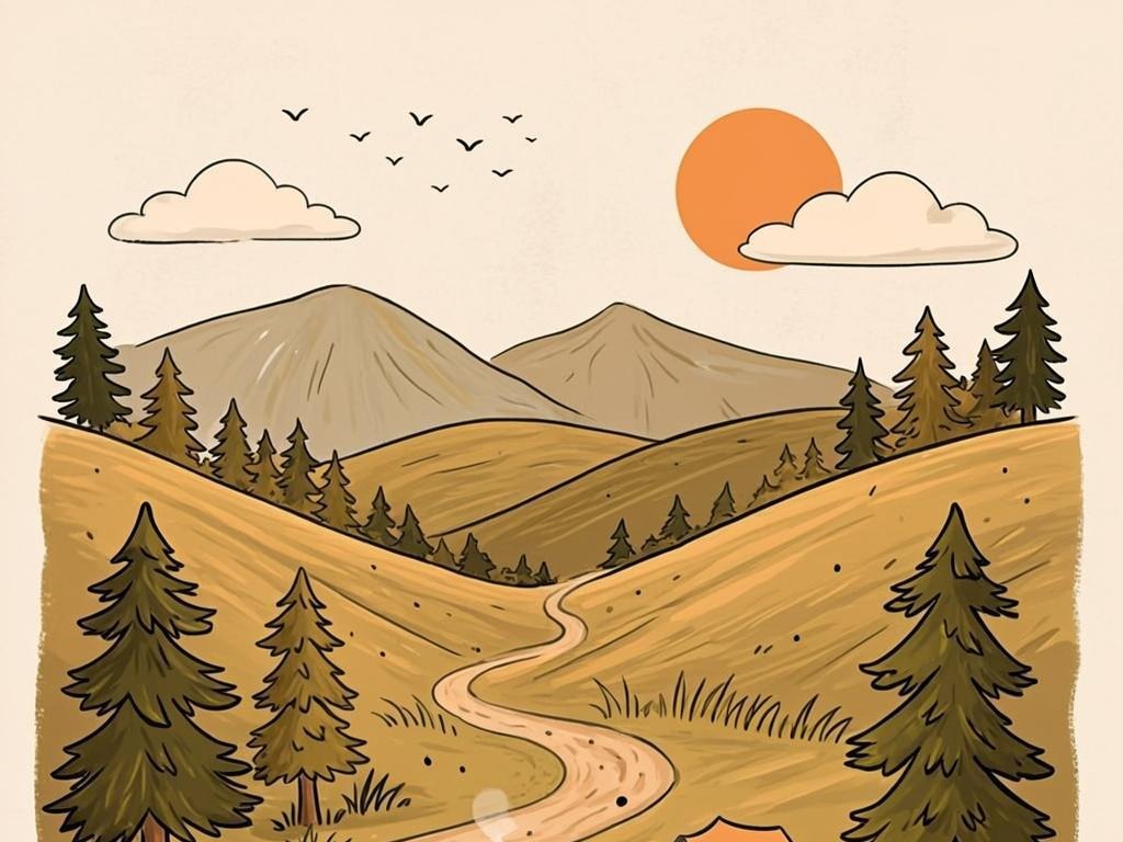 手绘插画：蜿蜒的山路穿过层叠的山丘与松林，路边有一顶帐篷和篝火。